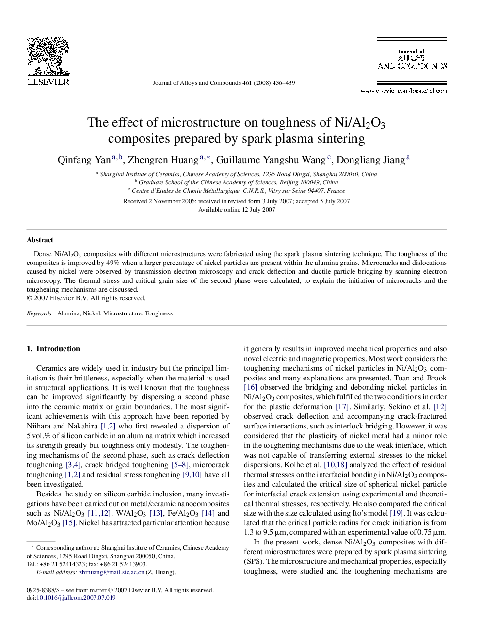 The effect of microstructure on toughness of Ni/Al2O3 composites prepared by spark plasma sintering