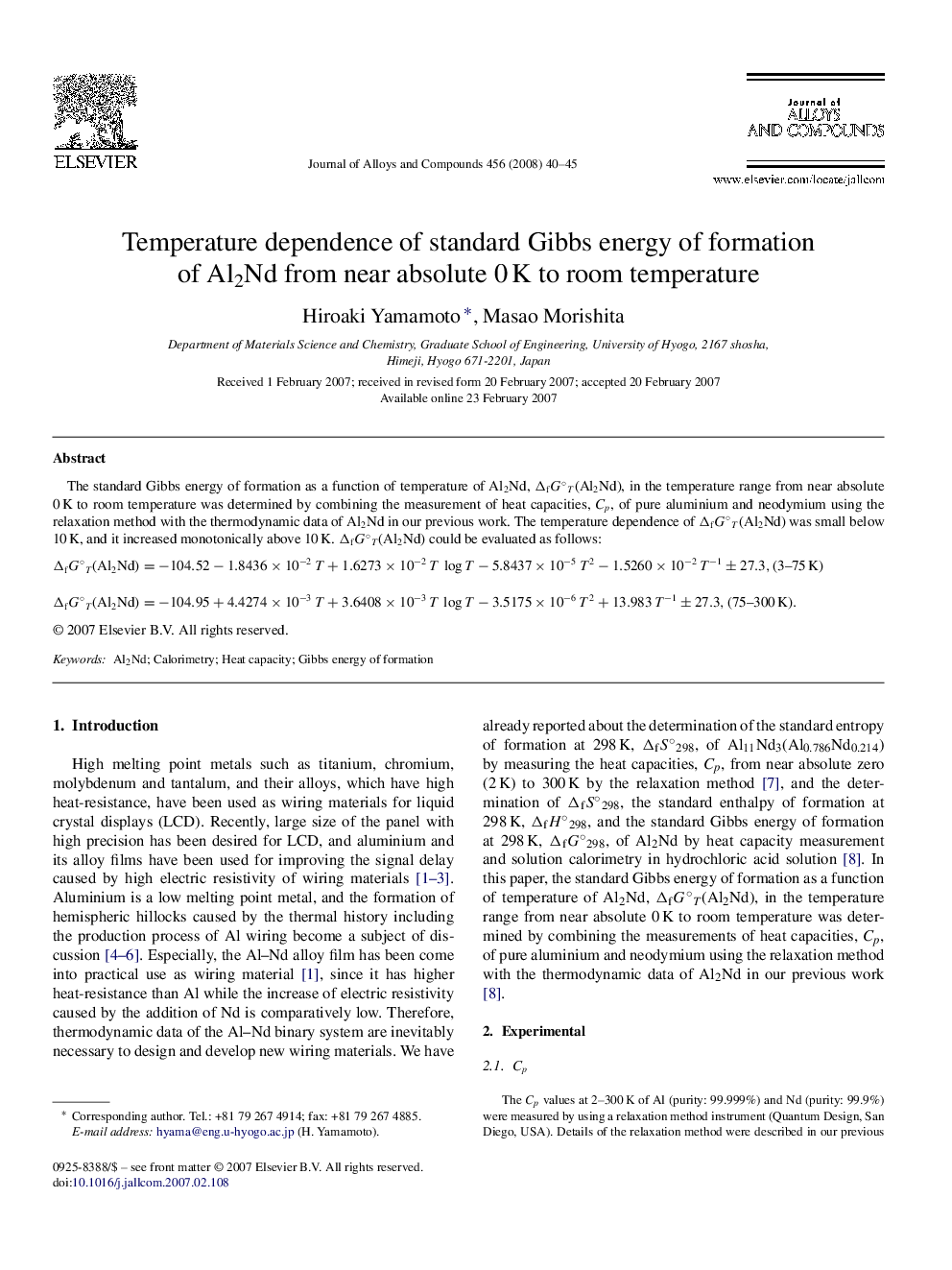 Temperature dependence of standard Gibbs energy of formation of Al2Nd from near absolute 0 K to room temperature