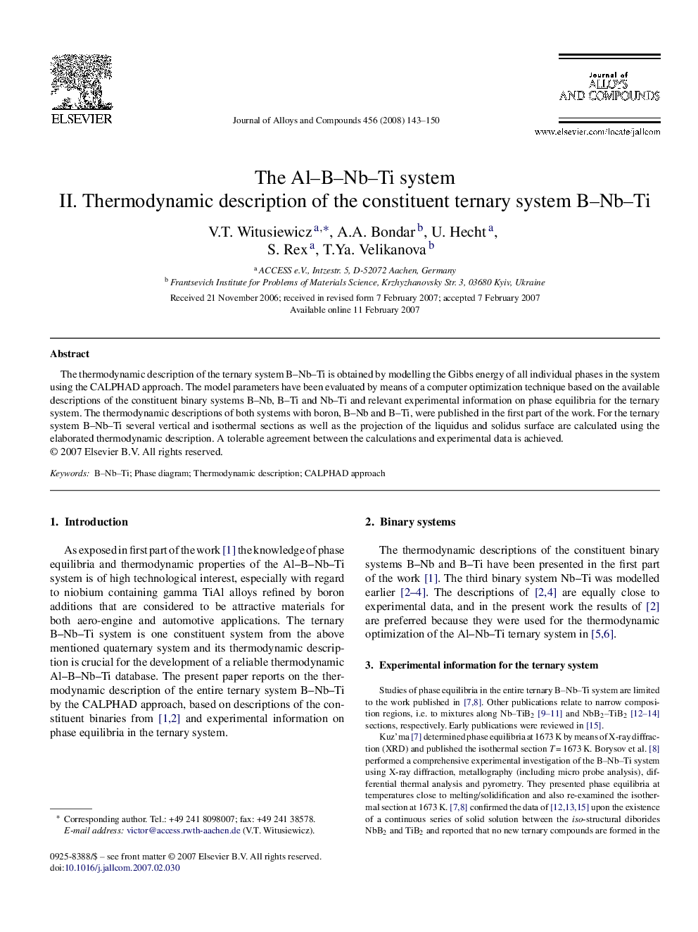 The Al–B–Nb–Ti system: II. Thermodynamic description of the constituent ternary system B–Nb–Ti