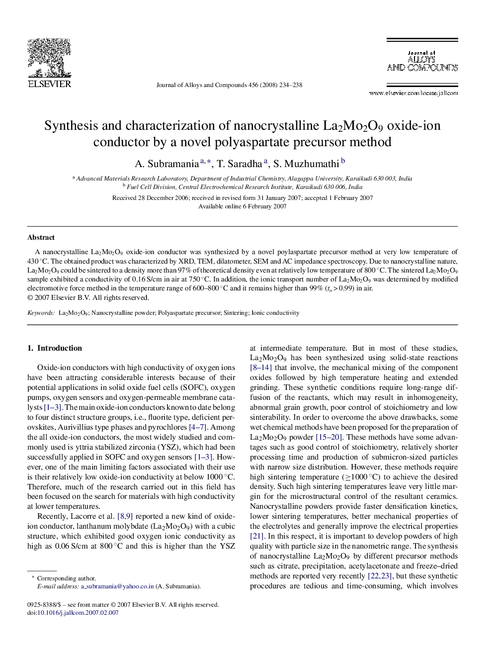 Synthesis and characterization of nanocrystalline La2Mo2O9 oxide-ion conductor by a novel polyaspartate precursor method