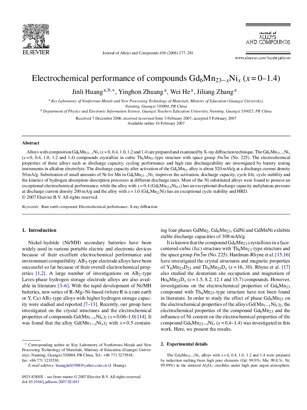 Electrochemical performance of compounds Gd6Mn23−xNix (x = 0–1.4)