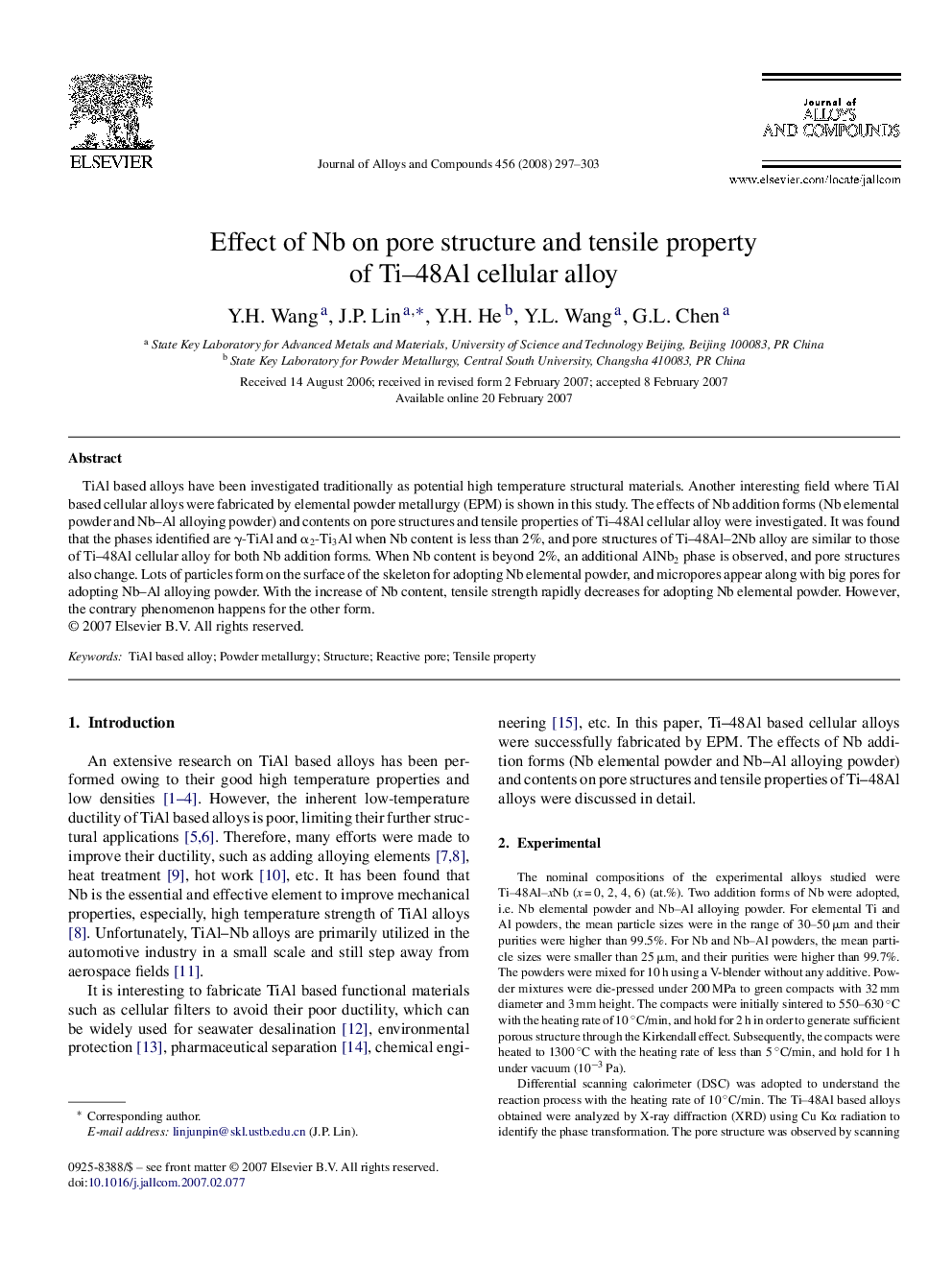 Effect of Nb on pore structure and tensile property of Ti-48Al cellular alloy