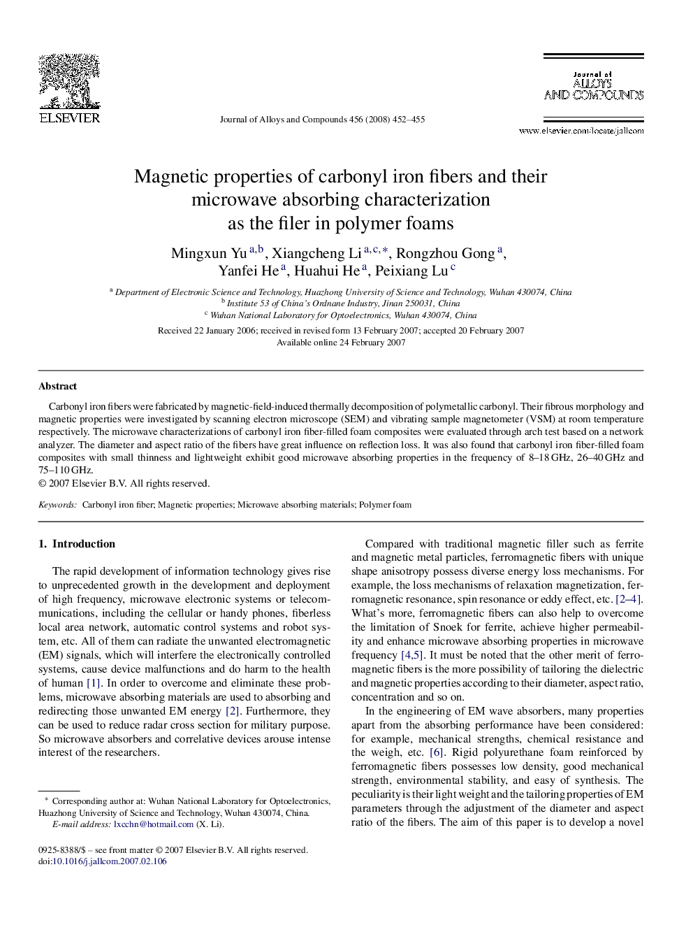 Magnetic properties of carbonyl iron fibers and their microwave absorbing characterization as the filer in polymer foams