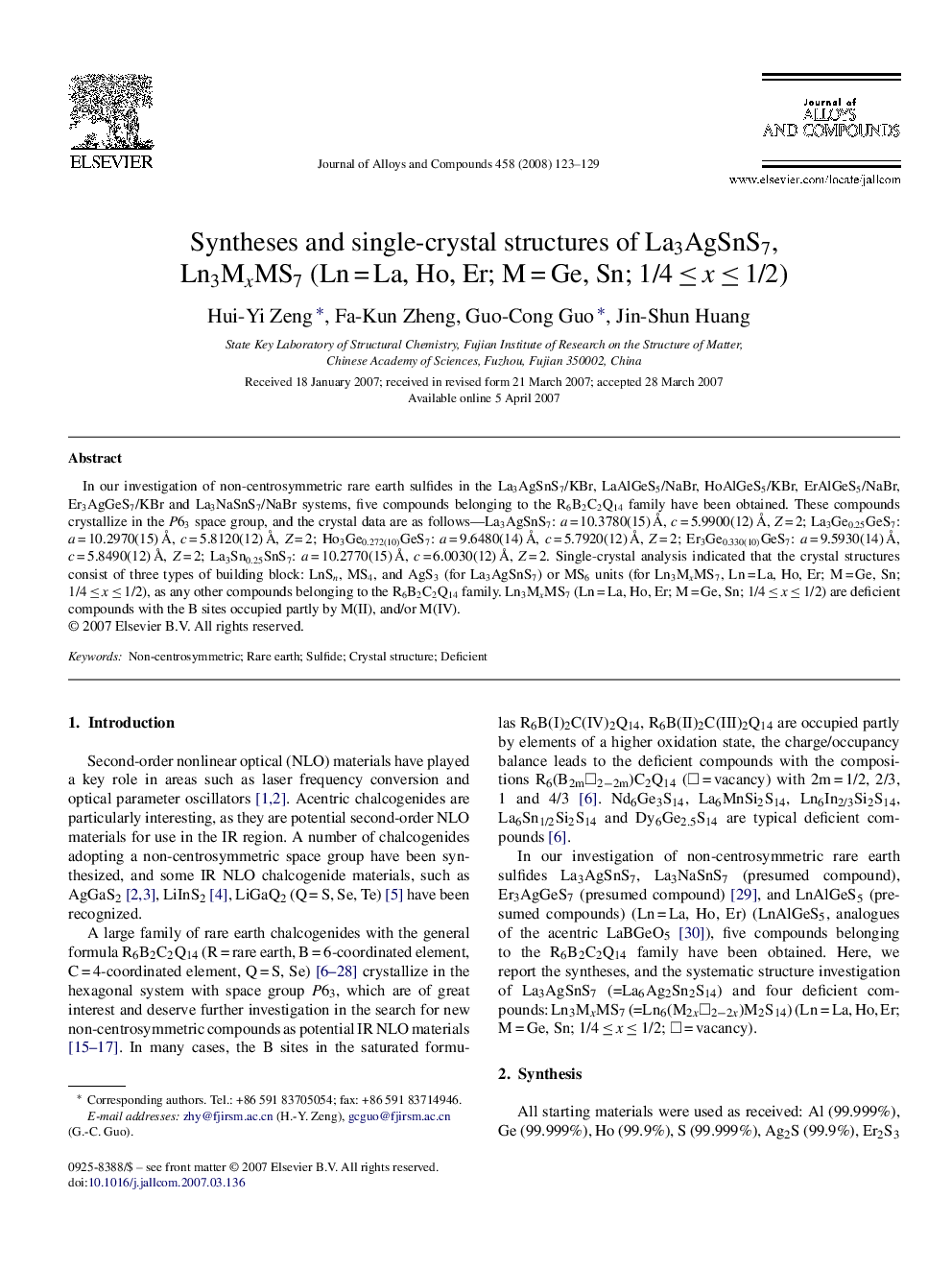 Syntheses and single-crystal structures of La3AgSnS7, Ln3MxMS7 (Ln = La, Ho, Er; M = Ge, Sn; 1/4 ≤ x ≤ 1/2)