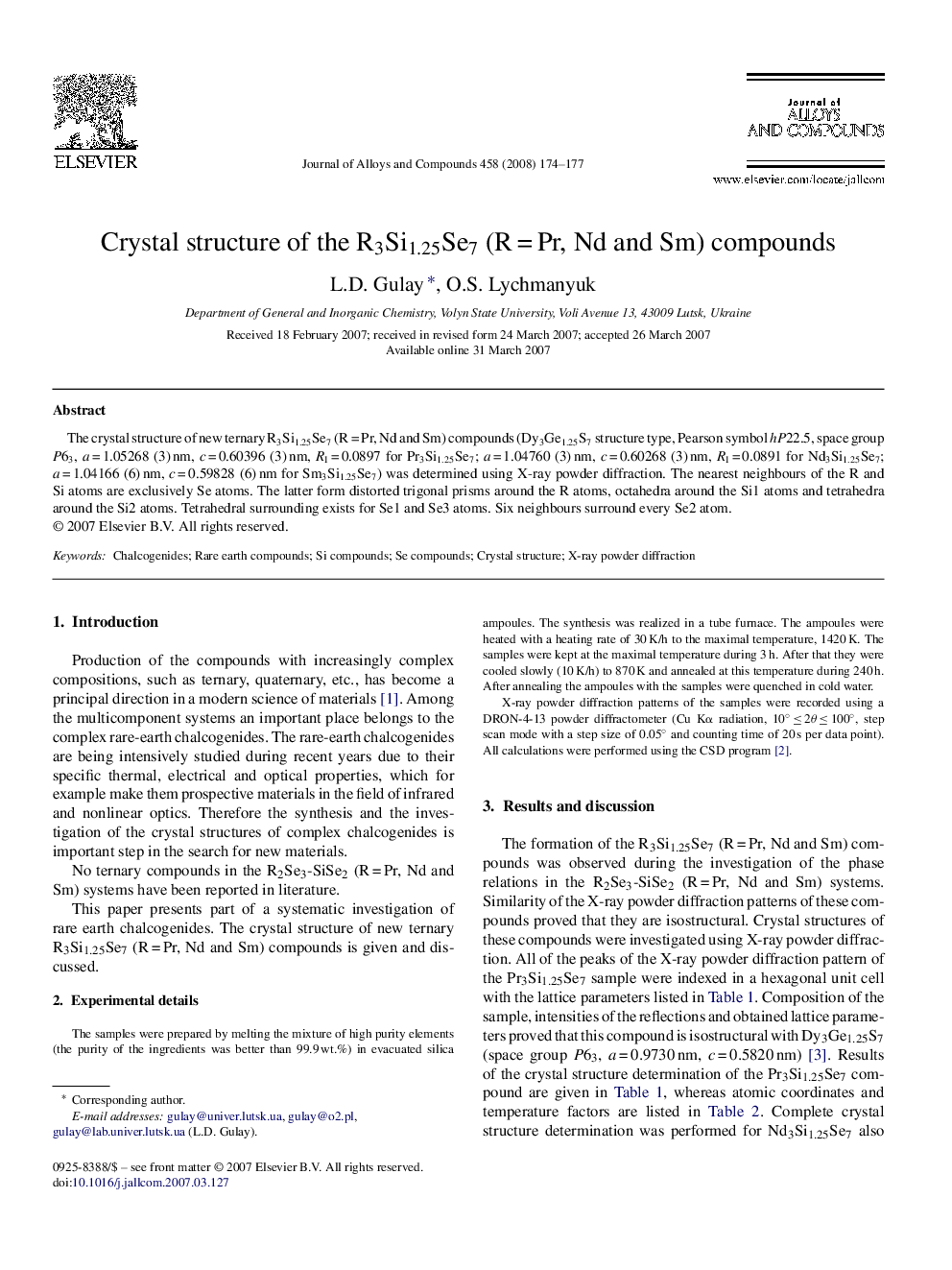 Crystal structure of the R3Si1.25Se7 (RÂ =Â Pr, Nd and Sm) compounds