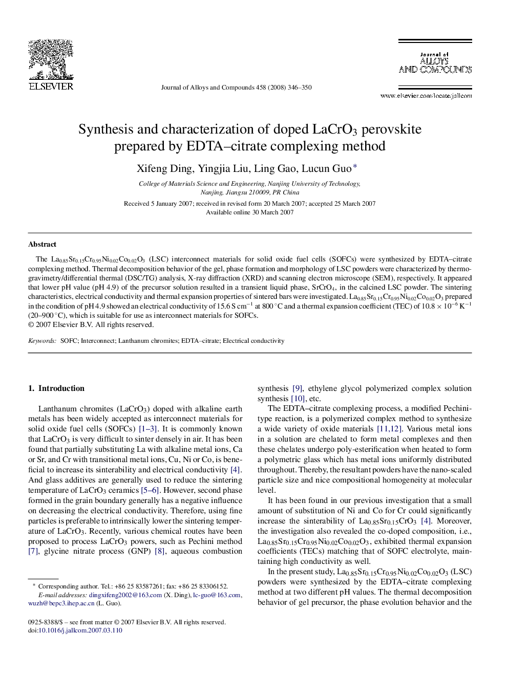 Synthesis and characterization of doped LaCrO3 perovskite prepared by EDTA–citrate complexing method