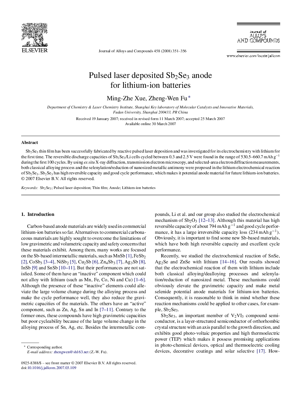 Pulsed laser deposited Sb2Se3 anode for lithium-ion batteries