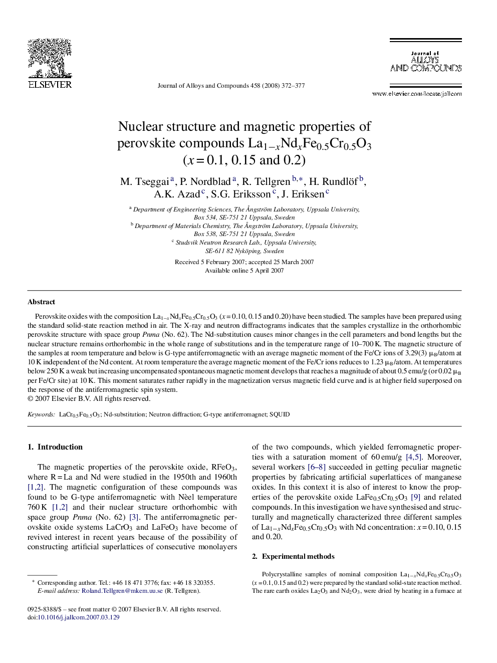 Nuclear structure and magnetic properties of perovskite compounds La1âxNdxFe0.5Cr0.5O3 (xÂ =Â 0.1, 0.15 and 0.2)