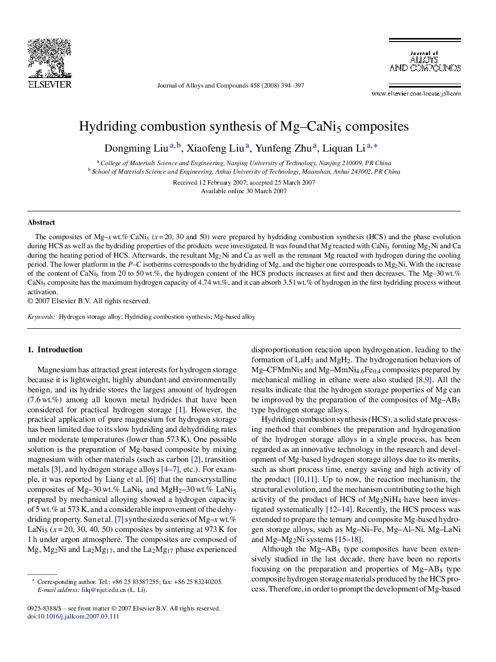 Hydriding combustion synthesis of Mg-CaNi5 composites
