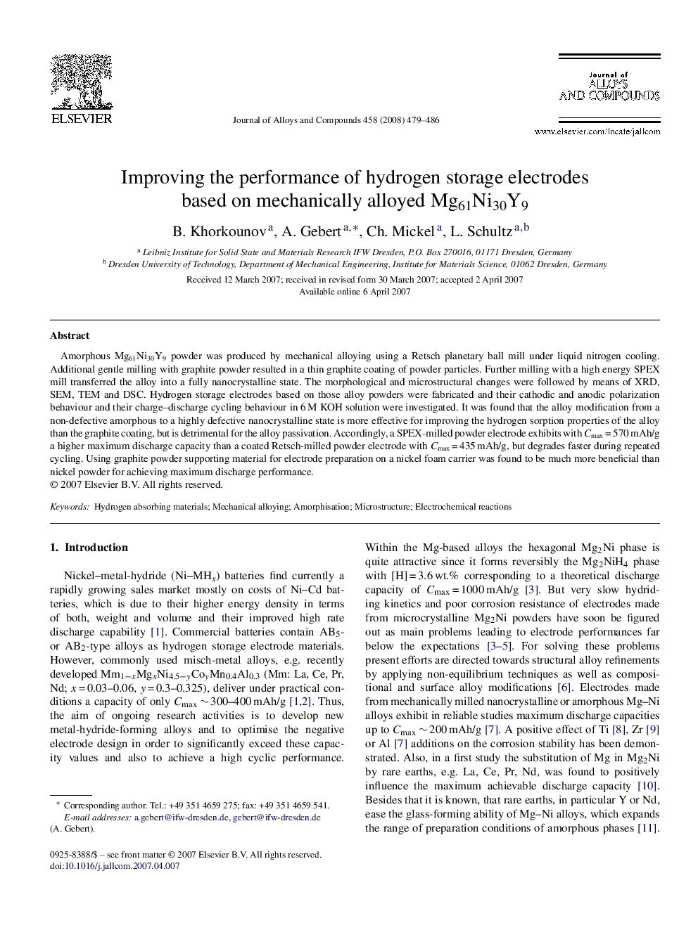 Improving the performance of hydrogen storage electrodes based on mechanically alloyed Mg61Ni30Y9