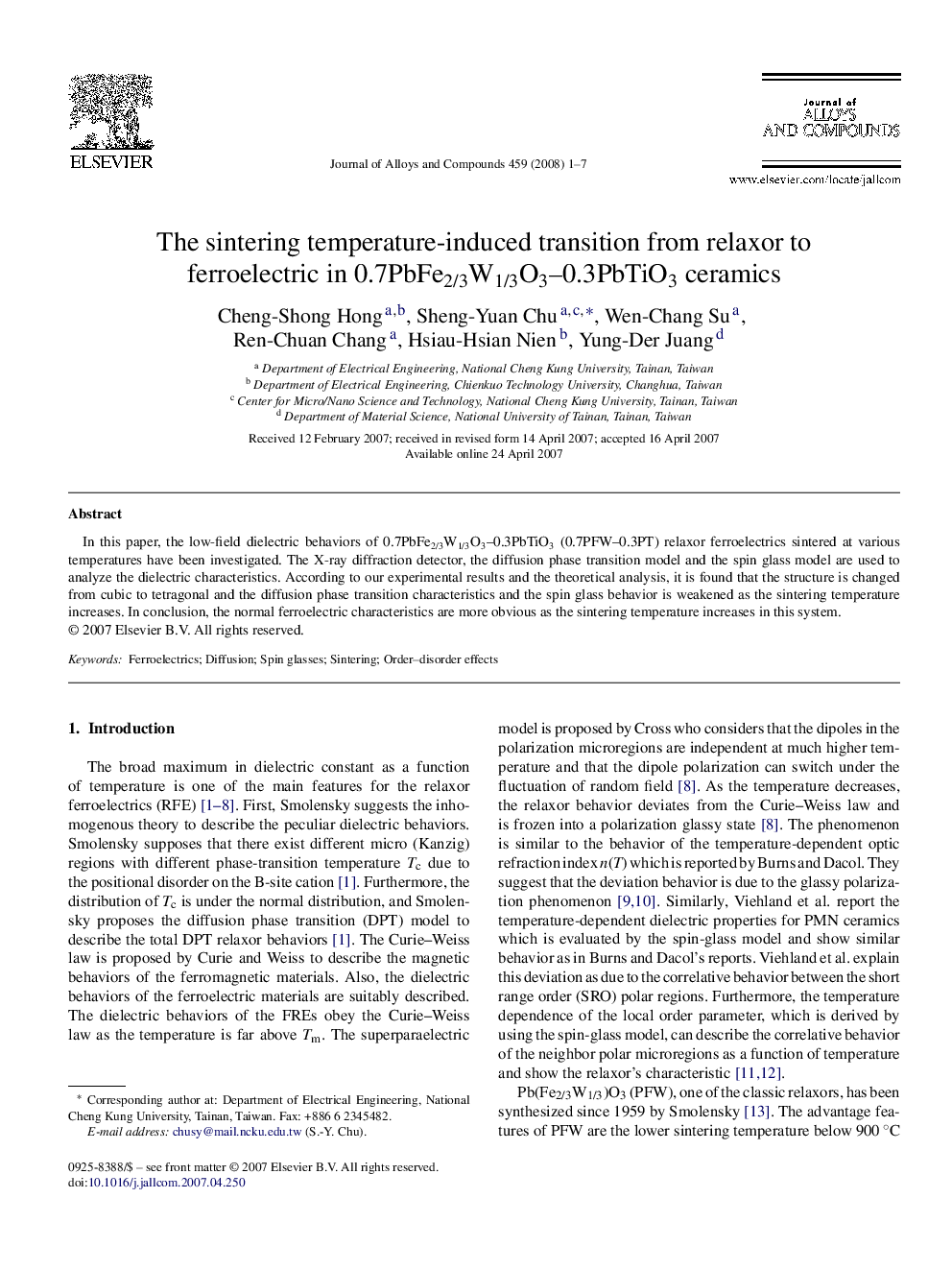 The sintering temperature-induced transition from relaxor to ferroelectric in 0.7PbFe2/3W1/3O3–0.3PbTiO3 ceramics