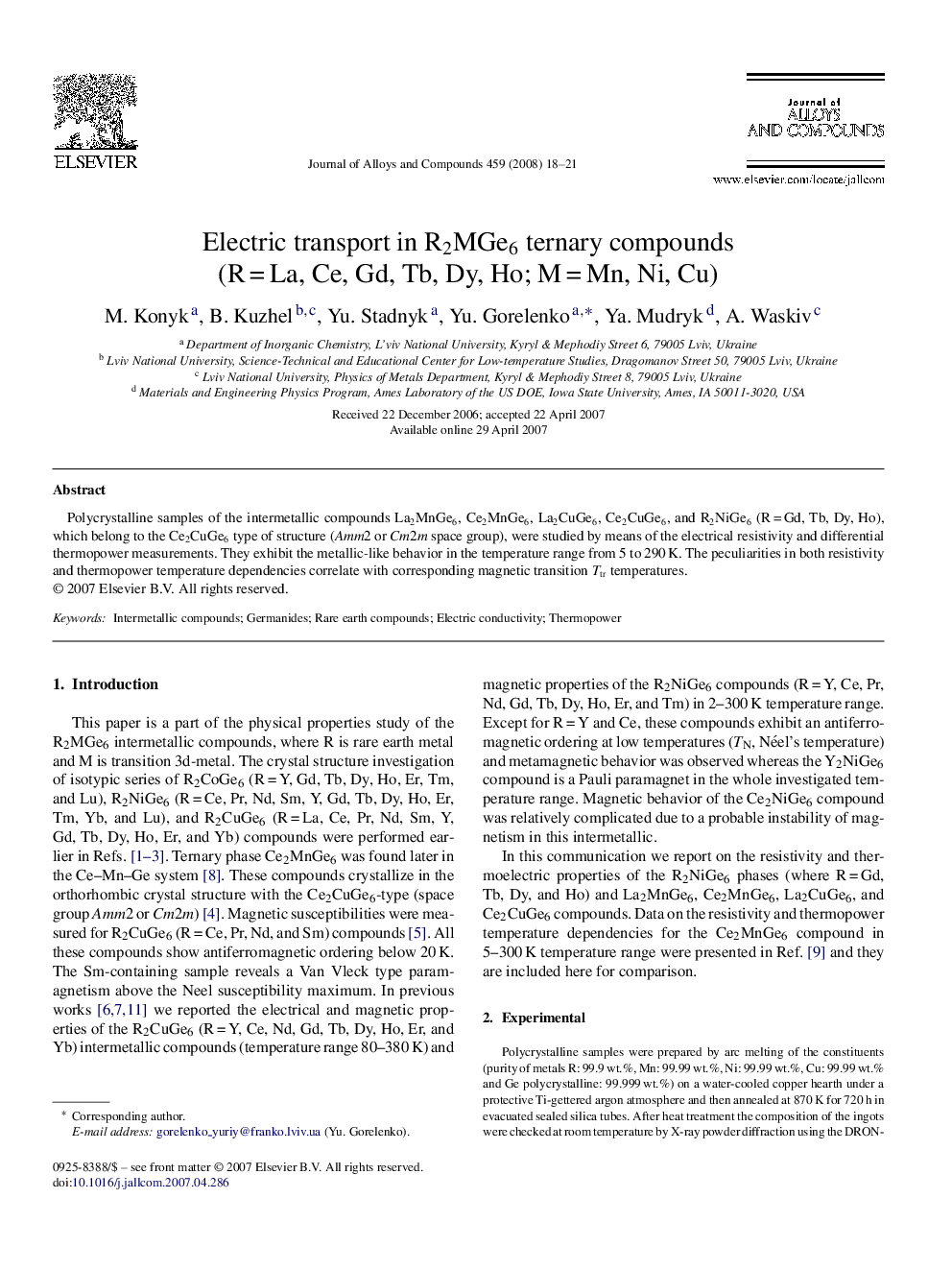 Electric transport in R2MGe6 ternary compounds (R = La, Ce, Gd, Tb, Dy, Ho; M = Mn, Ni, Cu)