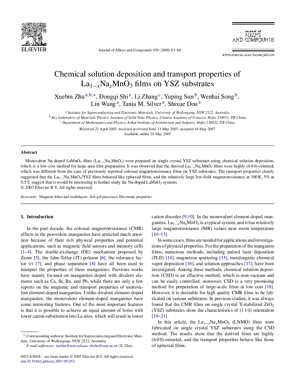 Chemical solution deposition and transport properties of La1−xNaxMnO3 films on YSZ substrates