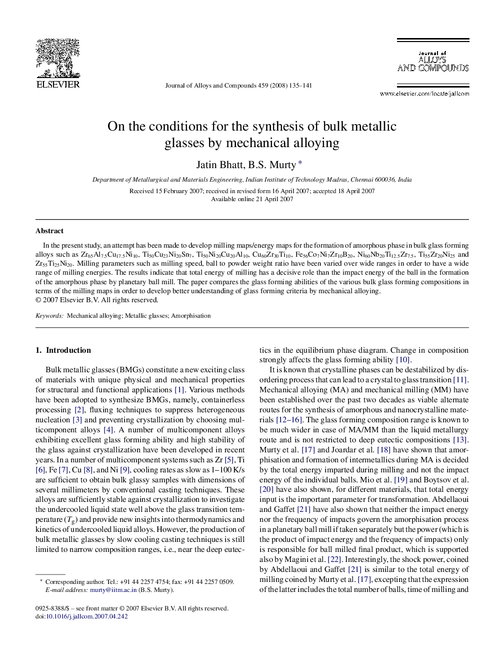 On the conditions for the synthesis of bulk metallic glasses by mechanical alloying