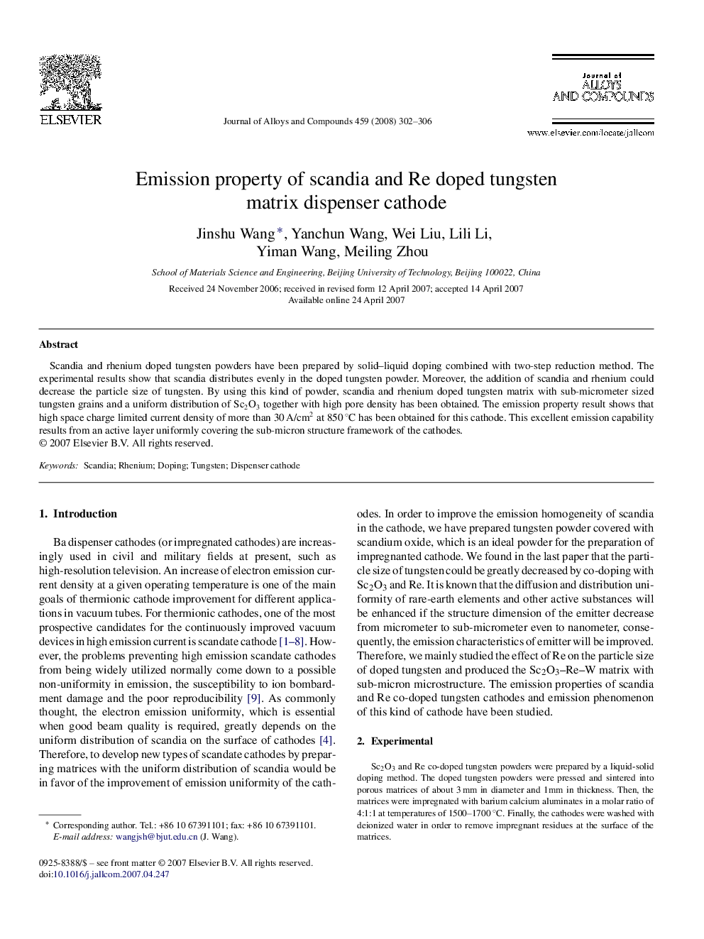 Emission property of scandia and Re doped tungsten matrix dispenser cathode