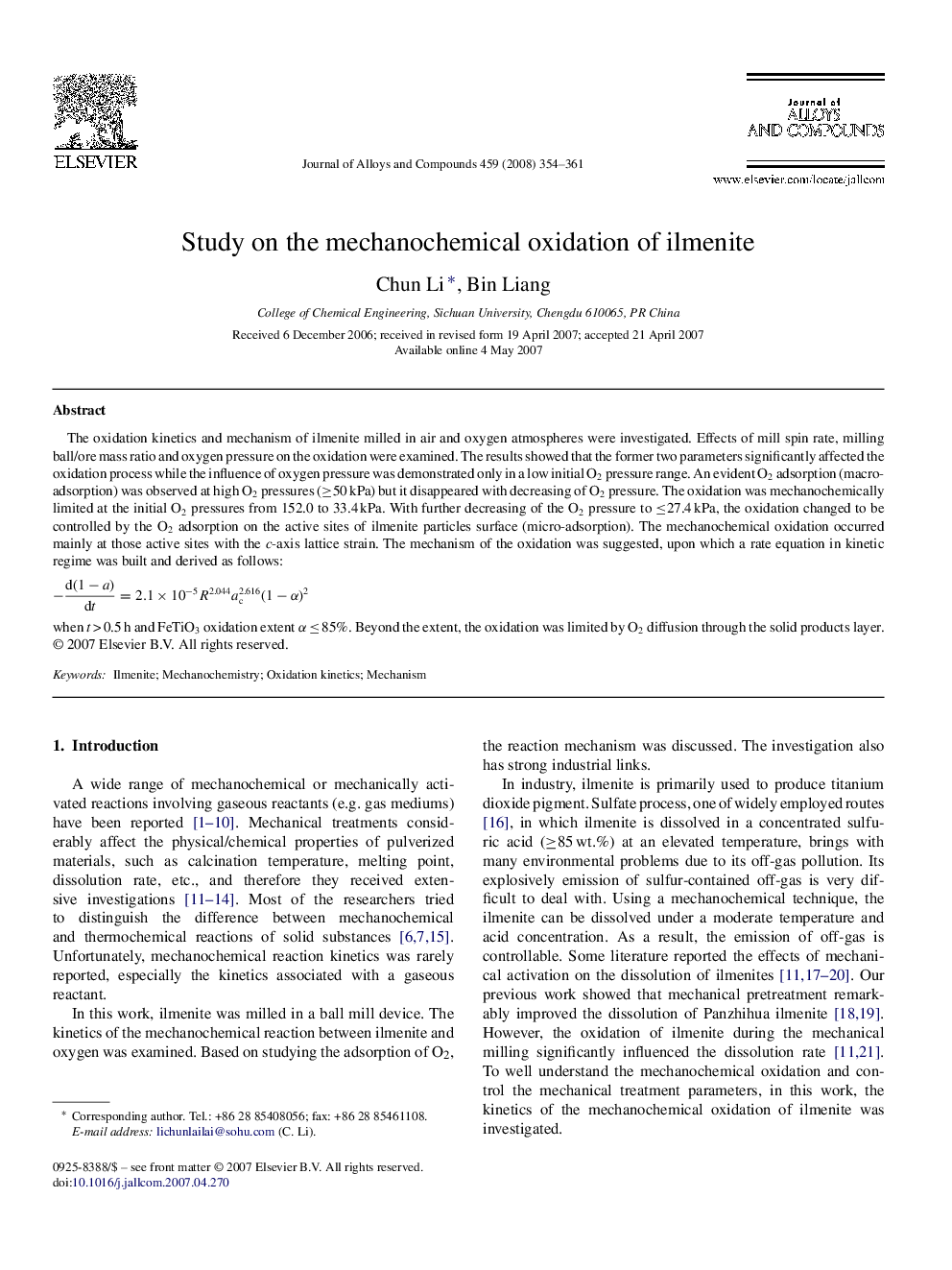 Study on the mechanochemical oxidation of ilmenite