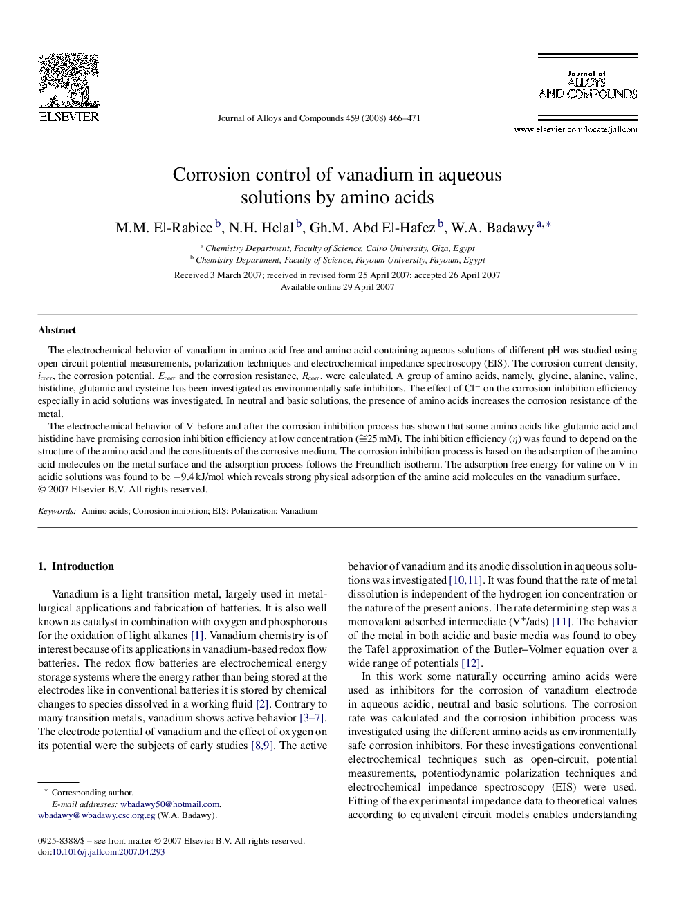 Corrosion control of vanadium in aqueous solutions by amino acids