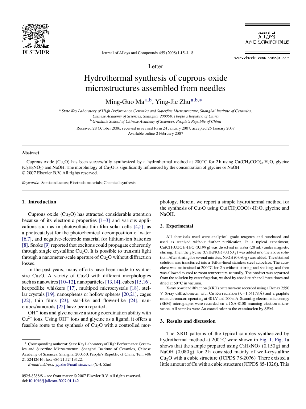 Hydrothermal synthesis of cuprous oxide microstructures assembled from needles