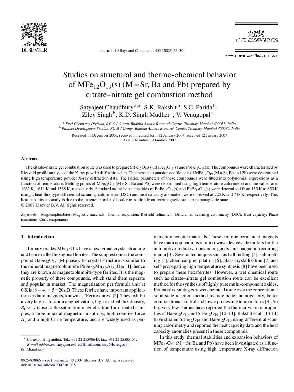 Studies on structural and thermo-chemical behavior of MFe12O19(s) (M = Sr, Ba and Pb) prepared by citrate–nitrate gel combustion method