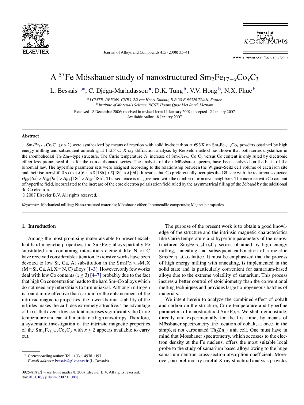 A 57Fe Mössbauer study of nanostructured Sm2Fe17âxCoxC3