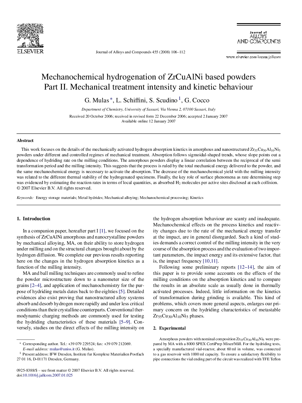 Mechanochemical hydrogenation of ZrCuAlNi based powders: Part II. Mechanical treatment intensity and kinetic behaviour