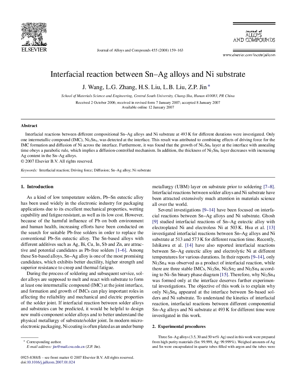 Interfacial reaction between Sn–Ag alloys and Ni substrate