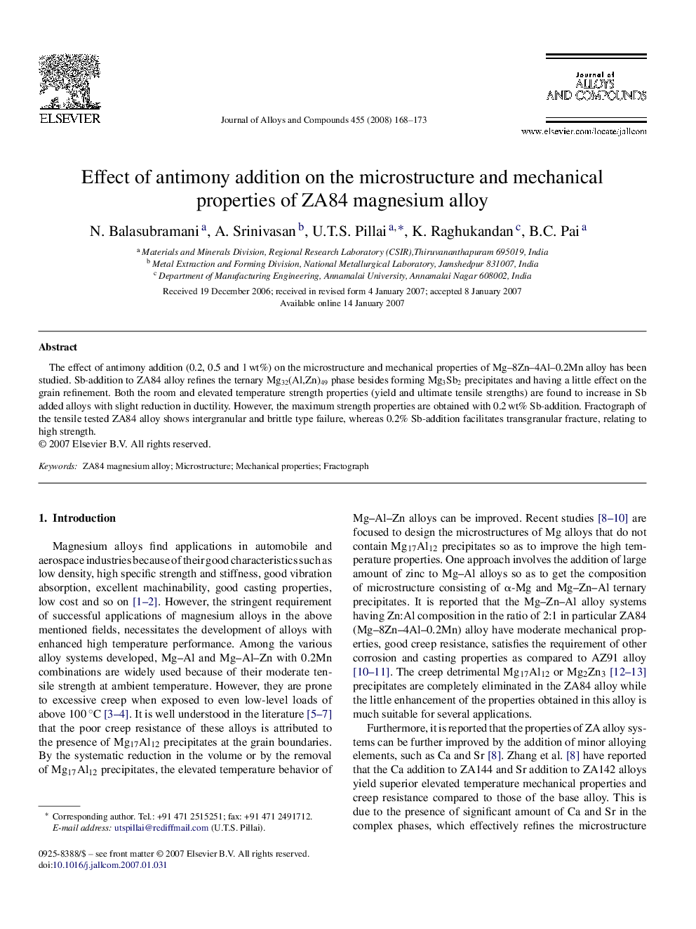 Effect of antimony addition on the microstructure and mechanical properties of ZA84 magnesium alloy