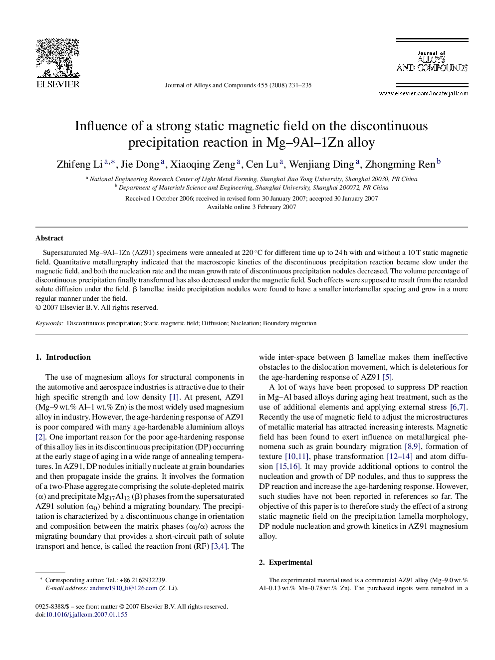 Influence of a strong static magnetic field on the discontinuous precipitation reaction in Mg–9Al–1Zn alloy