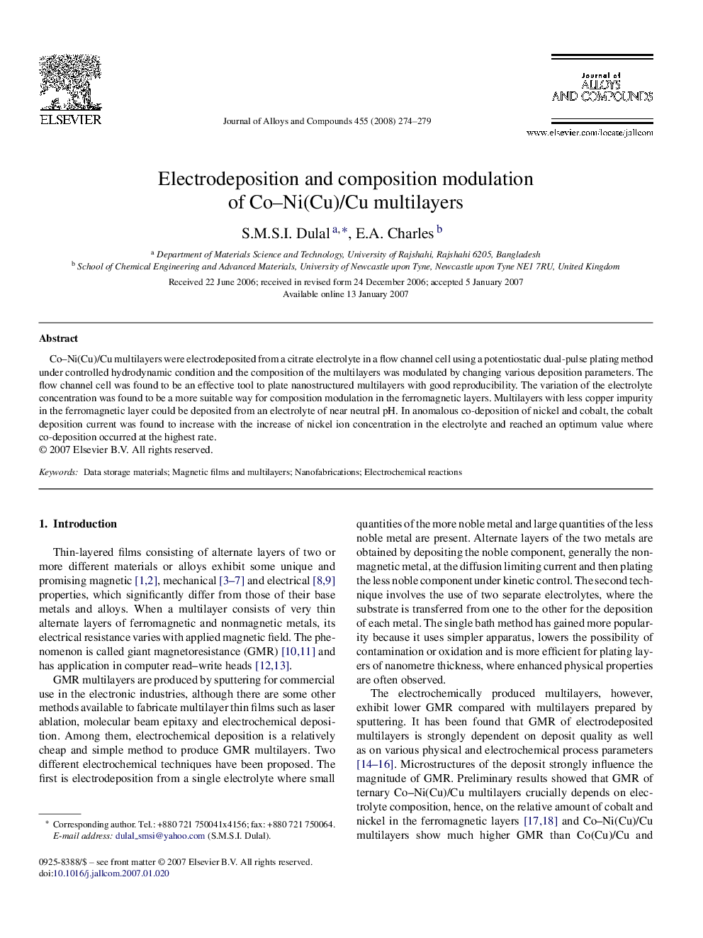 Electrodeposition and composition modulation of Co–Ni(Cu)/Cu multilayers