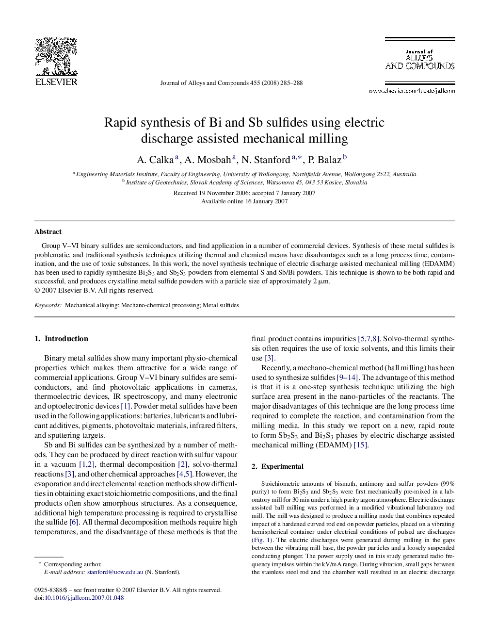 Rapid synthesis of Bi and Sb sulfides using electric discharge assisted mechanical milling