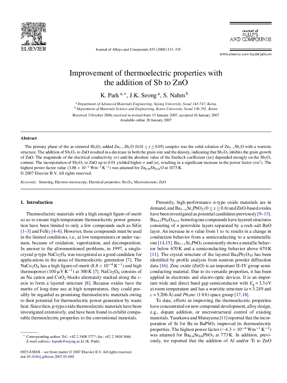 Improvement of thermoelectric properties with the addition of Sb to ZnO