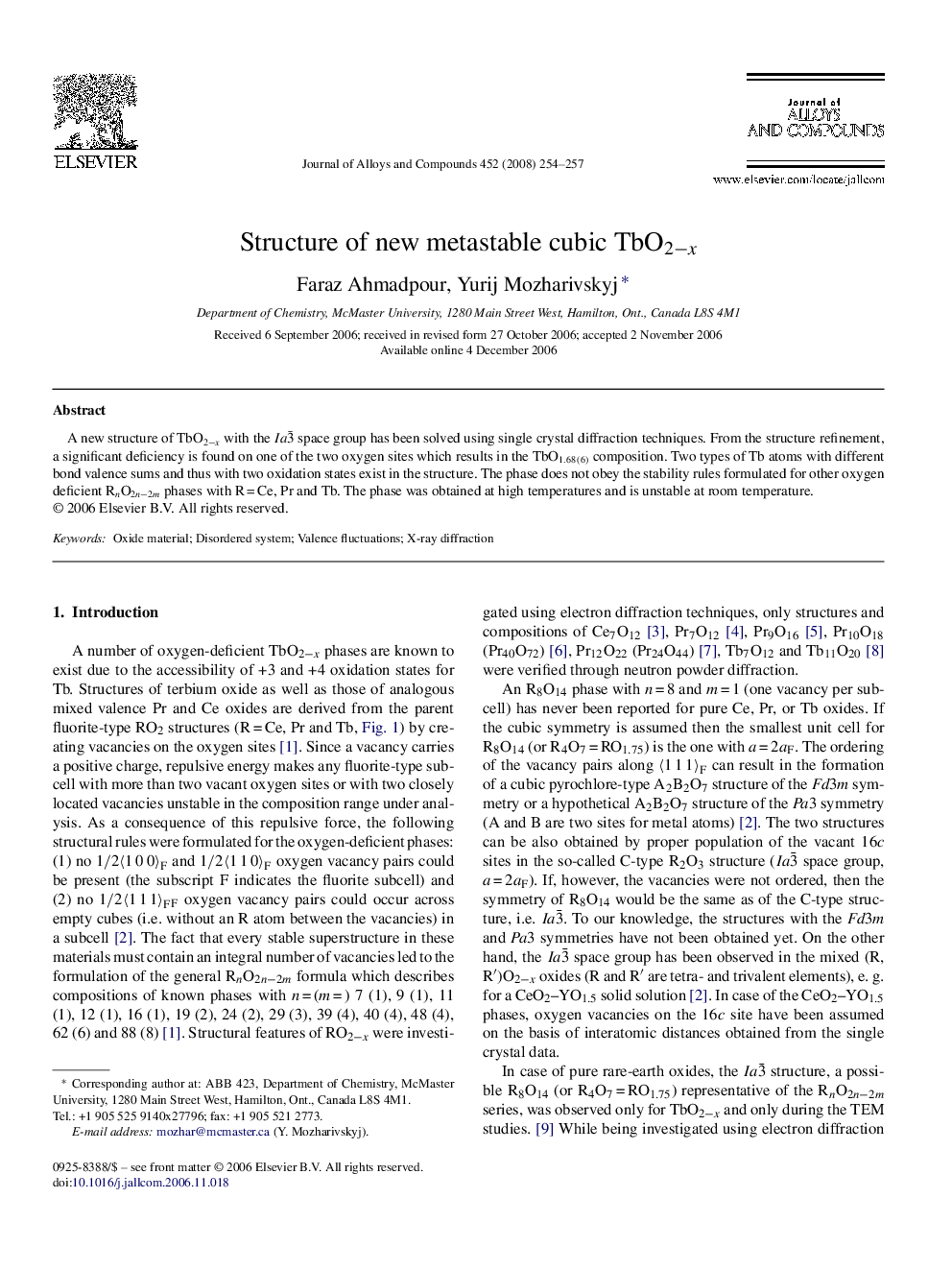 Structure of new metastable cubic TbO2−x