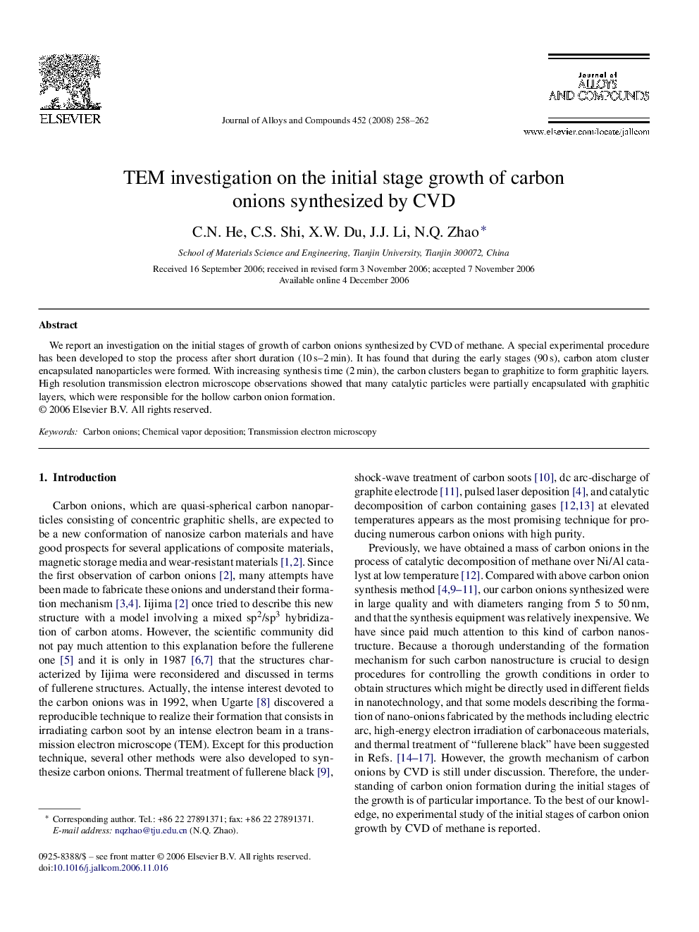 TEM investigation on the initial stage growth of carbon onions synthesized by CVD