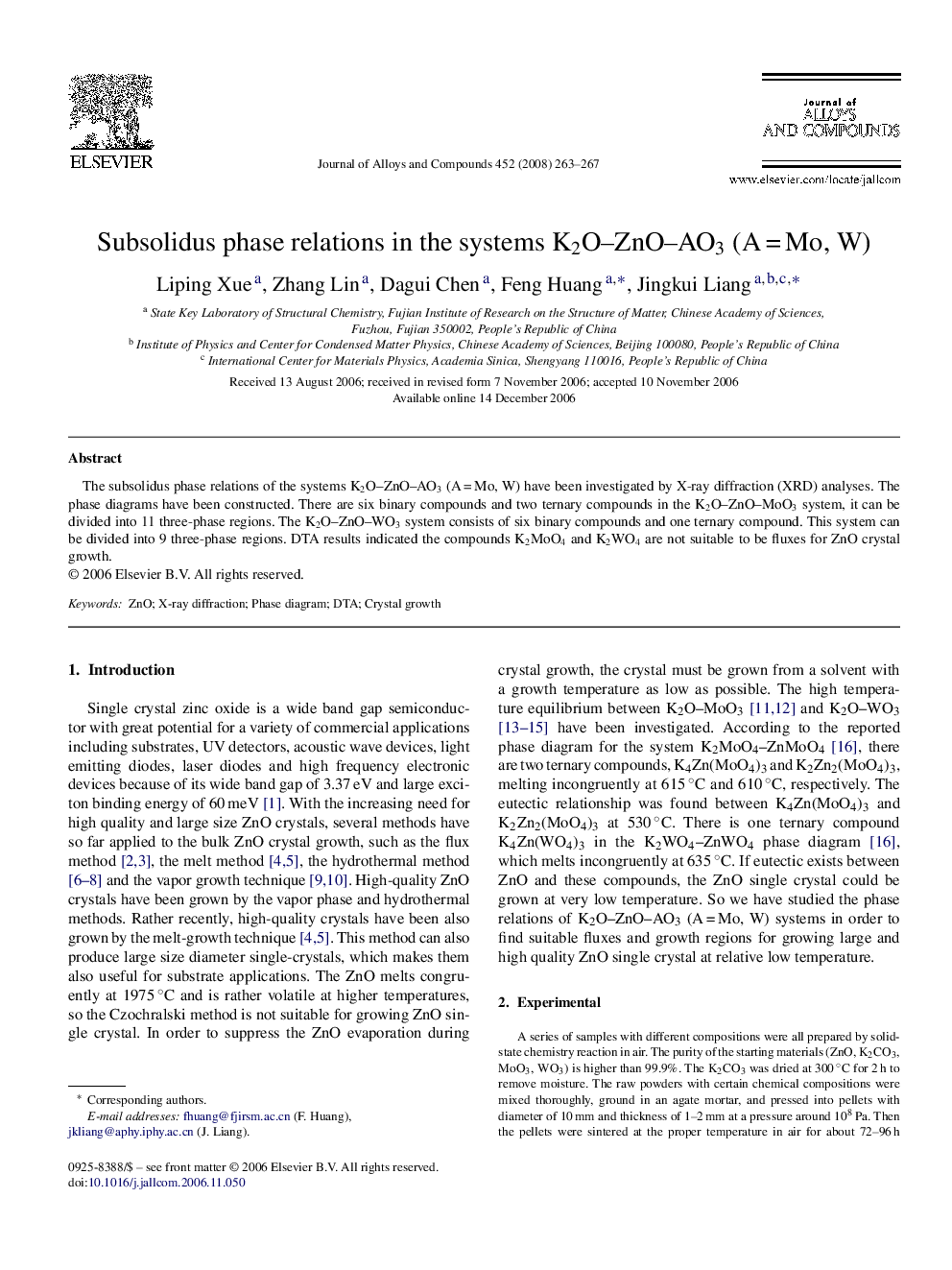 Subsolidus phase relations in the systems K2O–ZnO–AO3 (A = Mo, W)