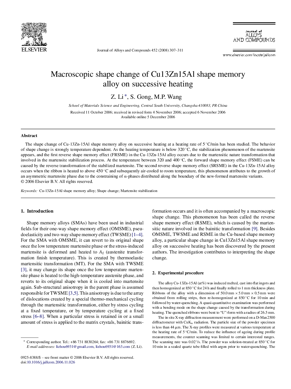 Macroscopic shape change of Cu13Zn15Al shape memory alloy on successive heating