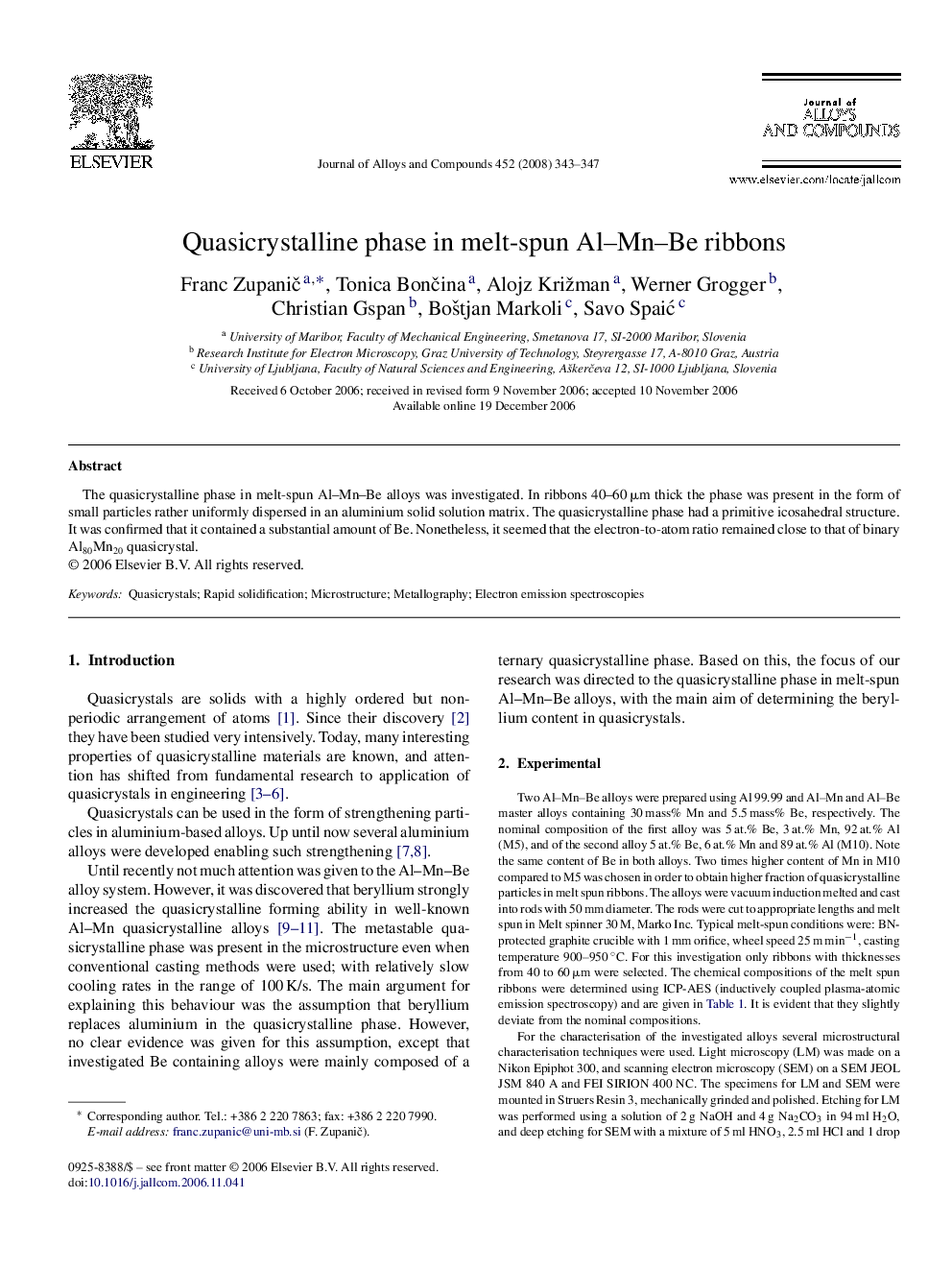 Quasicrystalline phase in melt-spun Al–Mn–Be ribbons