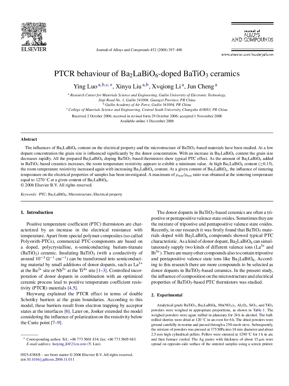 PTCR behaviour of Ba2LaBiO6-doped BaTiO3 ceramics