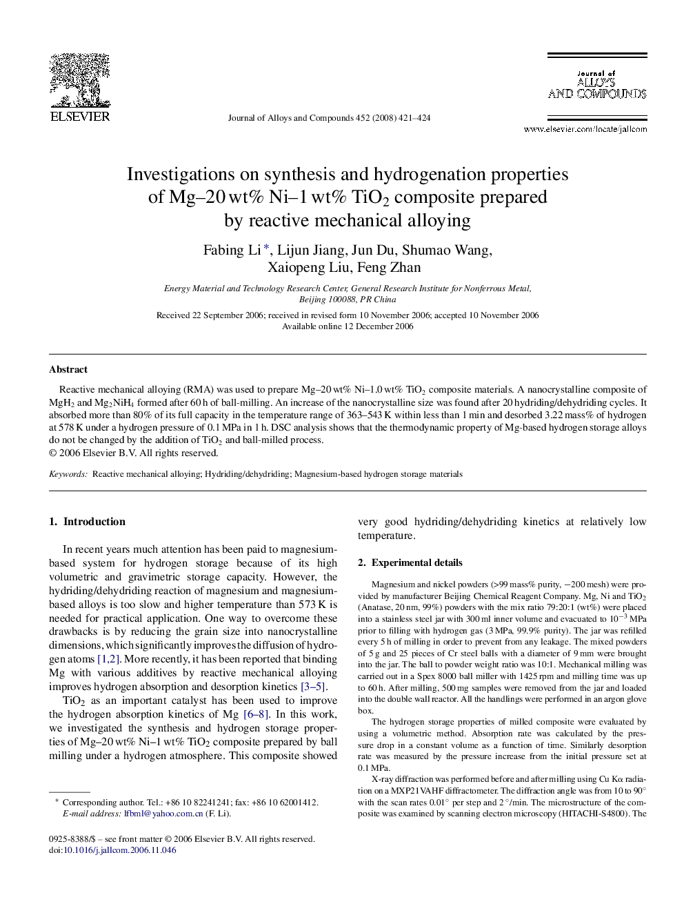 Investigations on synthesis and hydrogenation properties of Mg–20 wt% Ni–1 wt% TiO2 composite prepared by reactive mechanical alloying