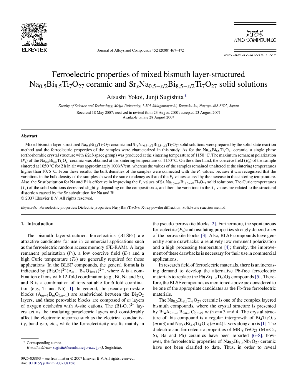 Ferroelectric properties of mixed bismuth layer-structured Na0.5Bi8.5Ti7O27 ceramic and SrxNa0.5−x/2Bi8.5−x/2Ti7O27 solid solutions