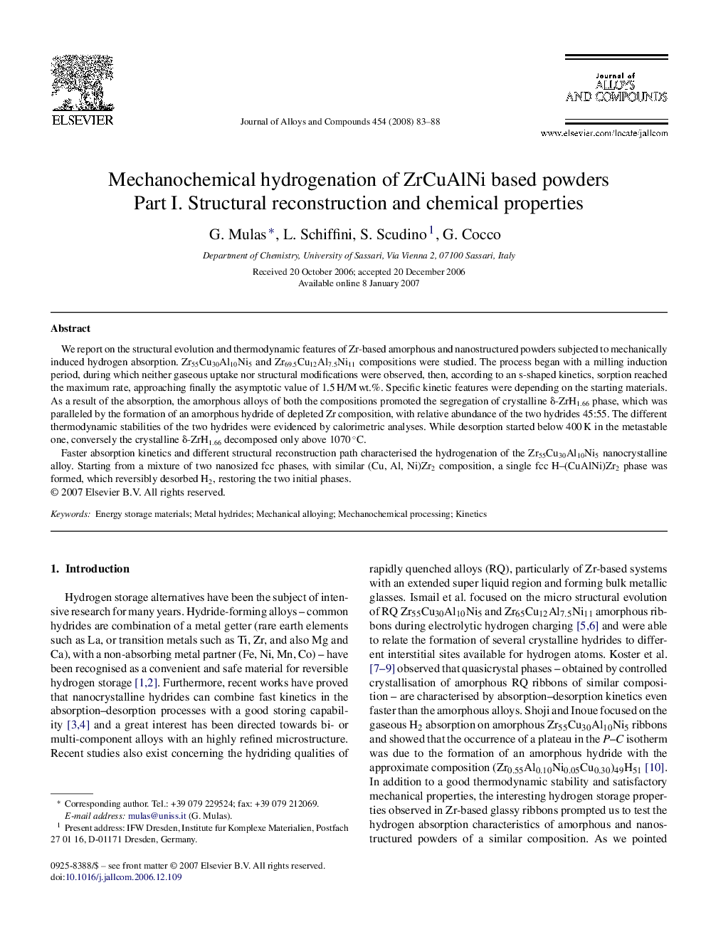 Mechanochemical hydrogenation of ZrCuAlNi based powders: Part I. Structural reconstruction and chemical properties