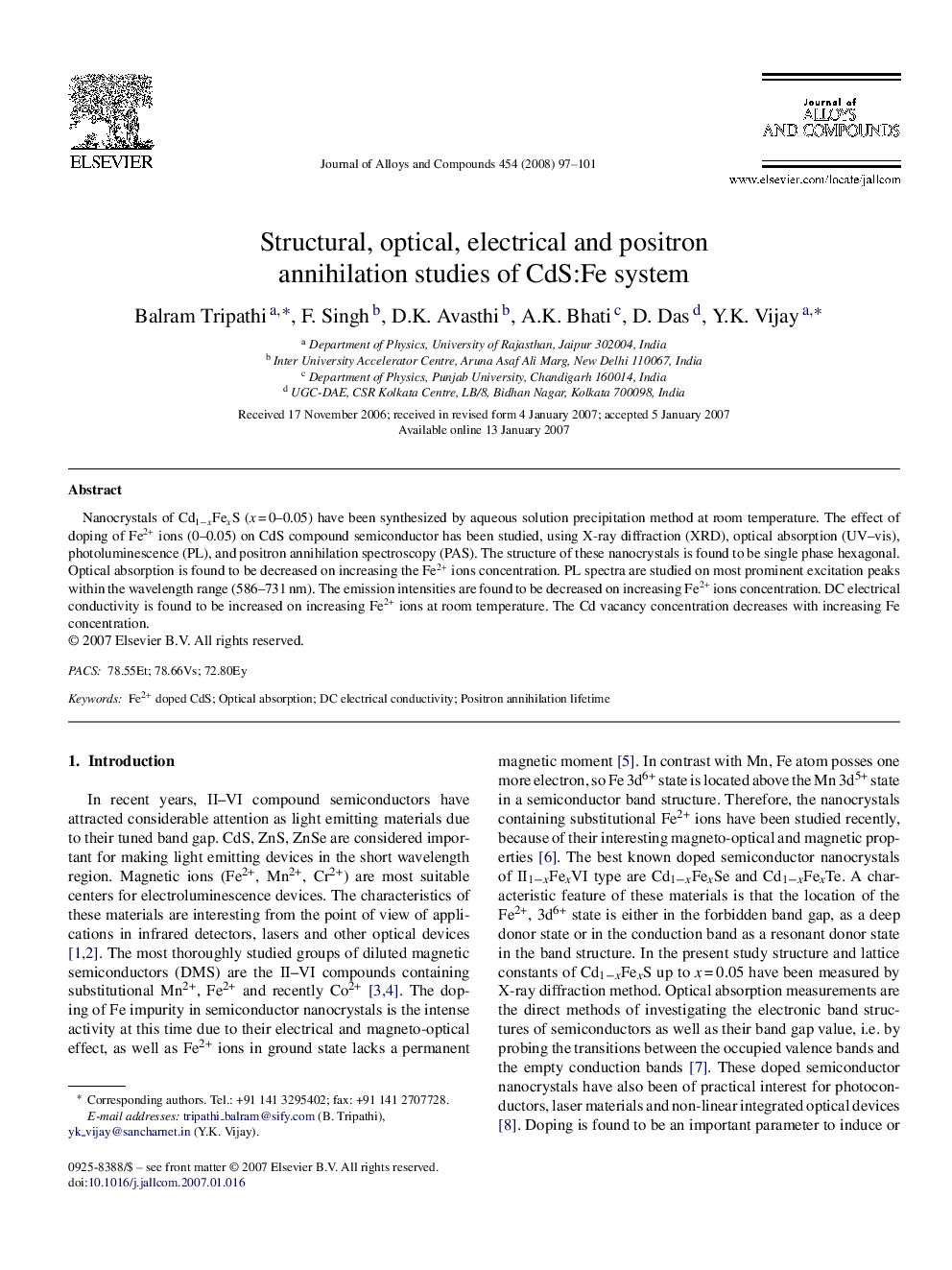 Structural, optical, electrical and positron annihilation studies of CdS:Fe system