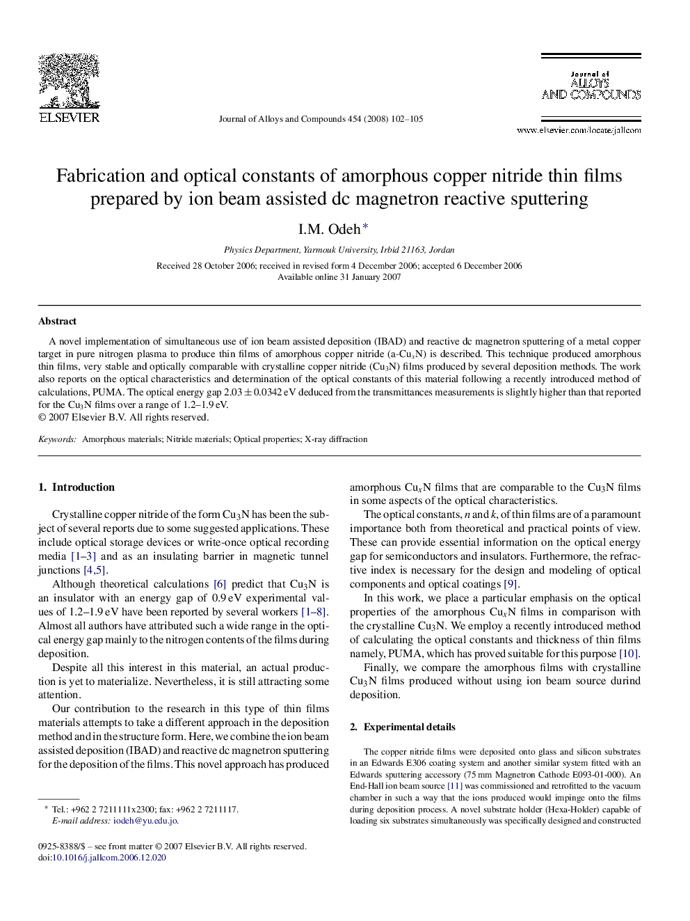 Fabrication and optical constants of amorphous copper nitride thin films prepared by ion beam assisted dc magnetron reactive sputtering