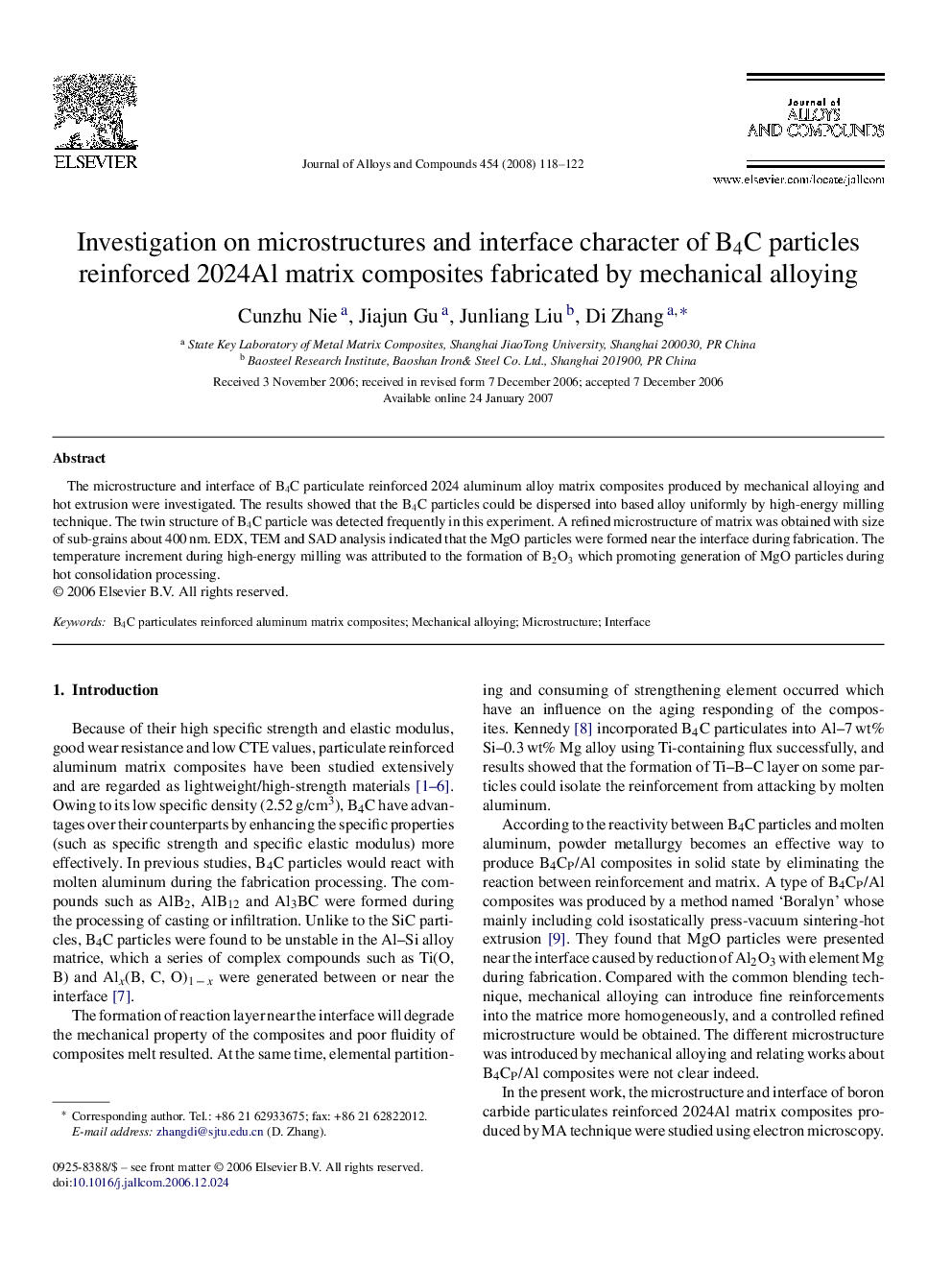 Investigation on microstructures and interface character of B4C particles reinforced 2024Al matrix composites fabricated by mechanical alloying