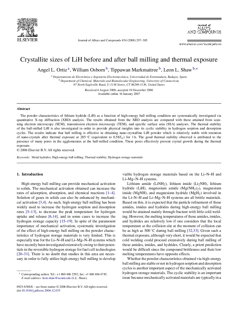 Crystallite sizes of LiH before and after ball milling and thermal exposure