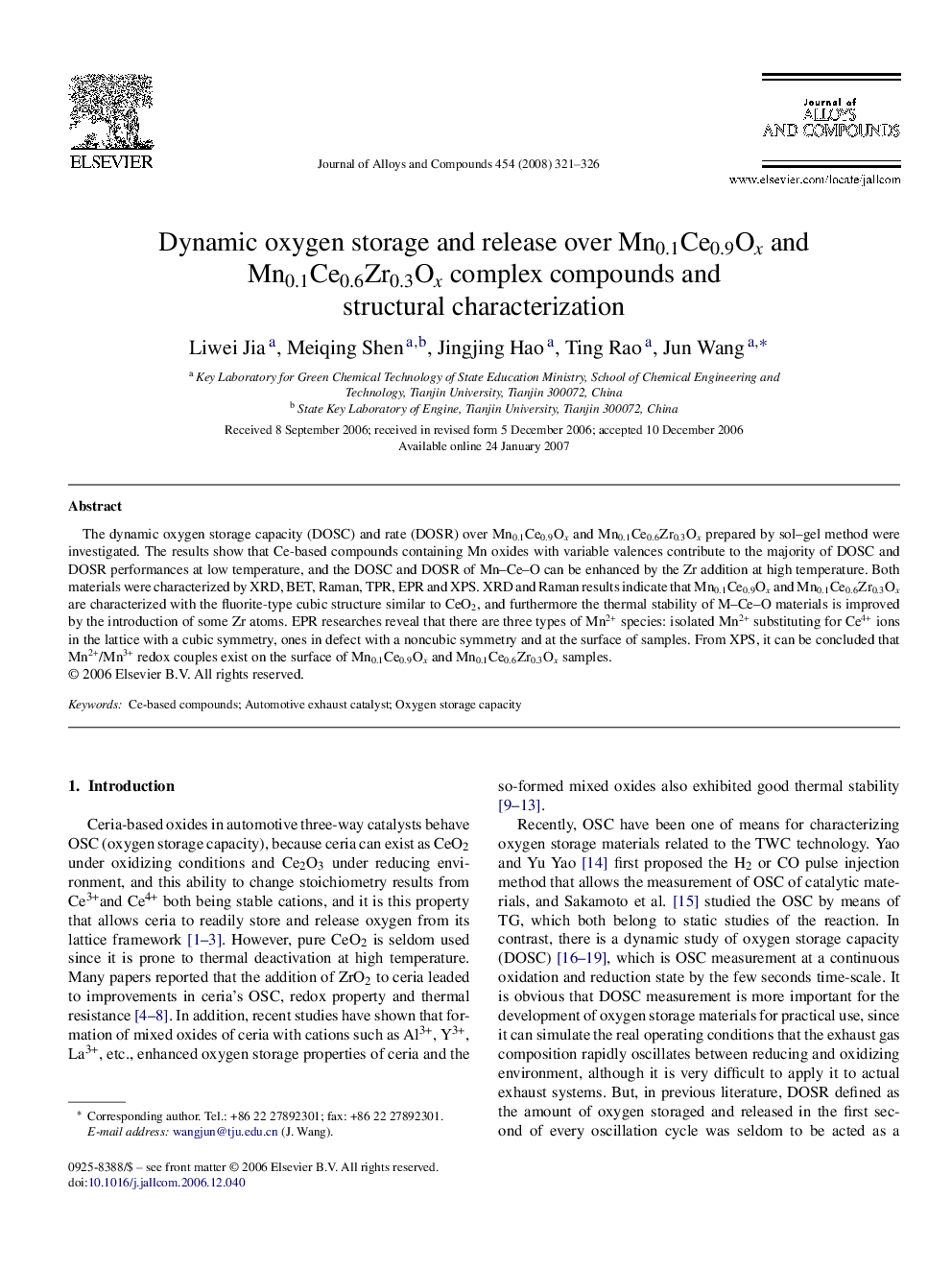 Dynamic oxygen storage and release over Mn0.1Ce0.9Ox and Mn0.1Ce0.6Zr0.3Ox complex compounds and structural characterization