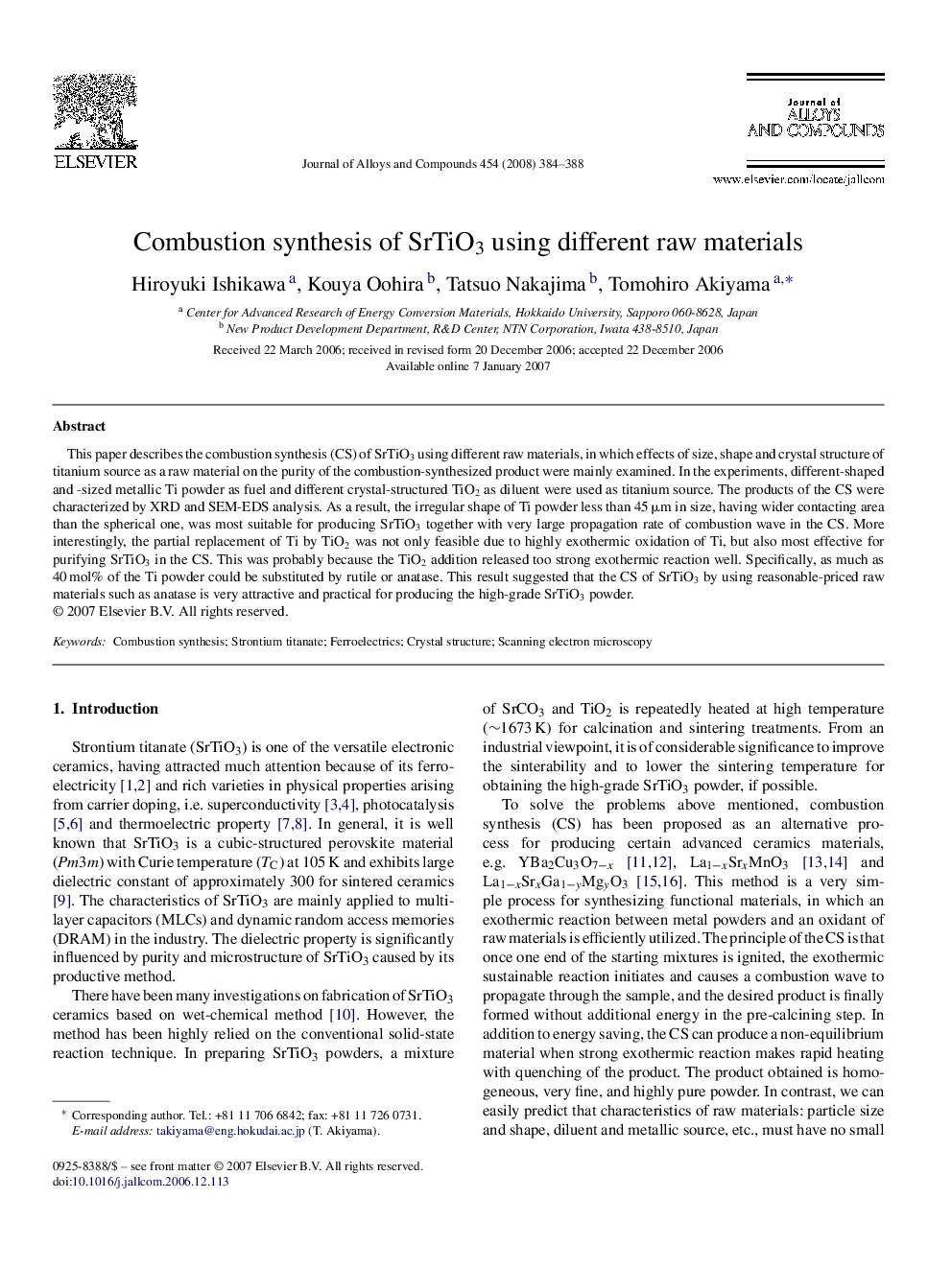 Combustion synthesis of SrTiO3 using different raw materials