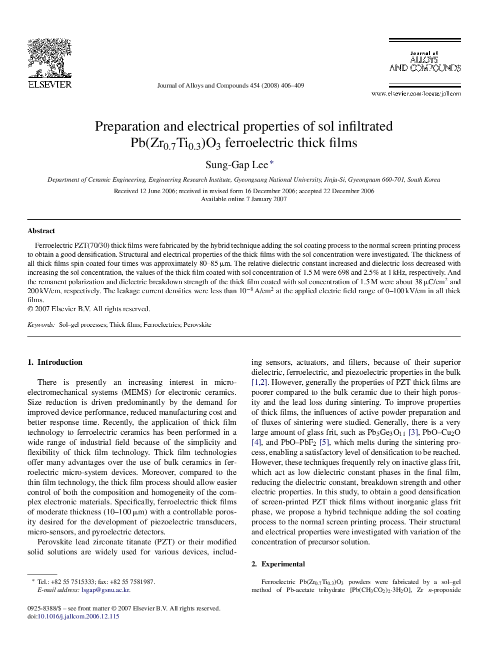 Preparation and electrical properties of sol infiltrated Pb(Zr0.7Ti0.3)O3 ferroelectric thick films