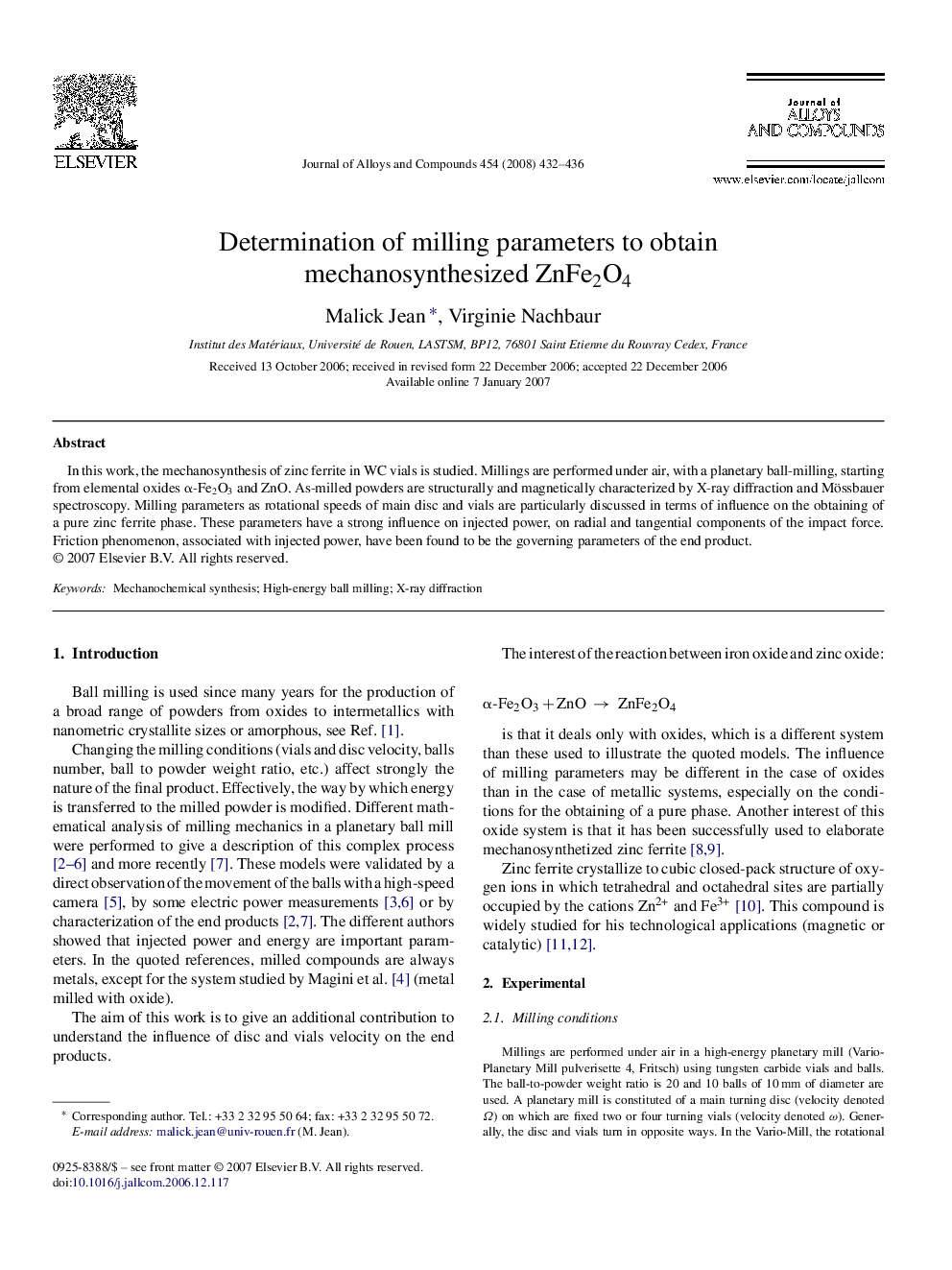 Determination of milling parameters to obtain mechanosynthesized ZnFe2O4