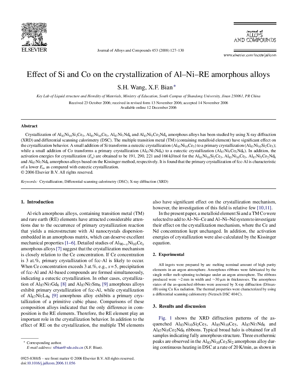 Effect of Si and Co on the crystallization of Al–Ni–RE amorphous alloys