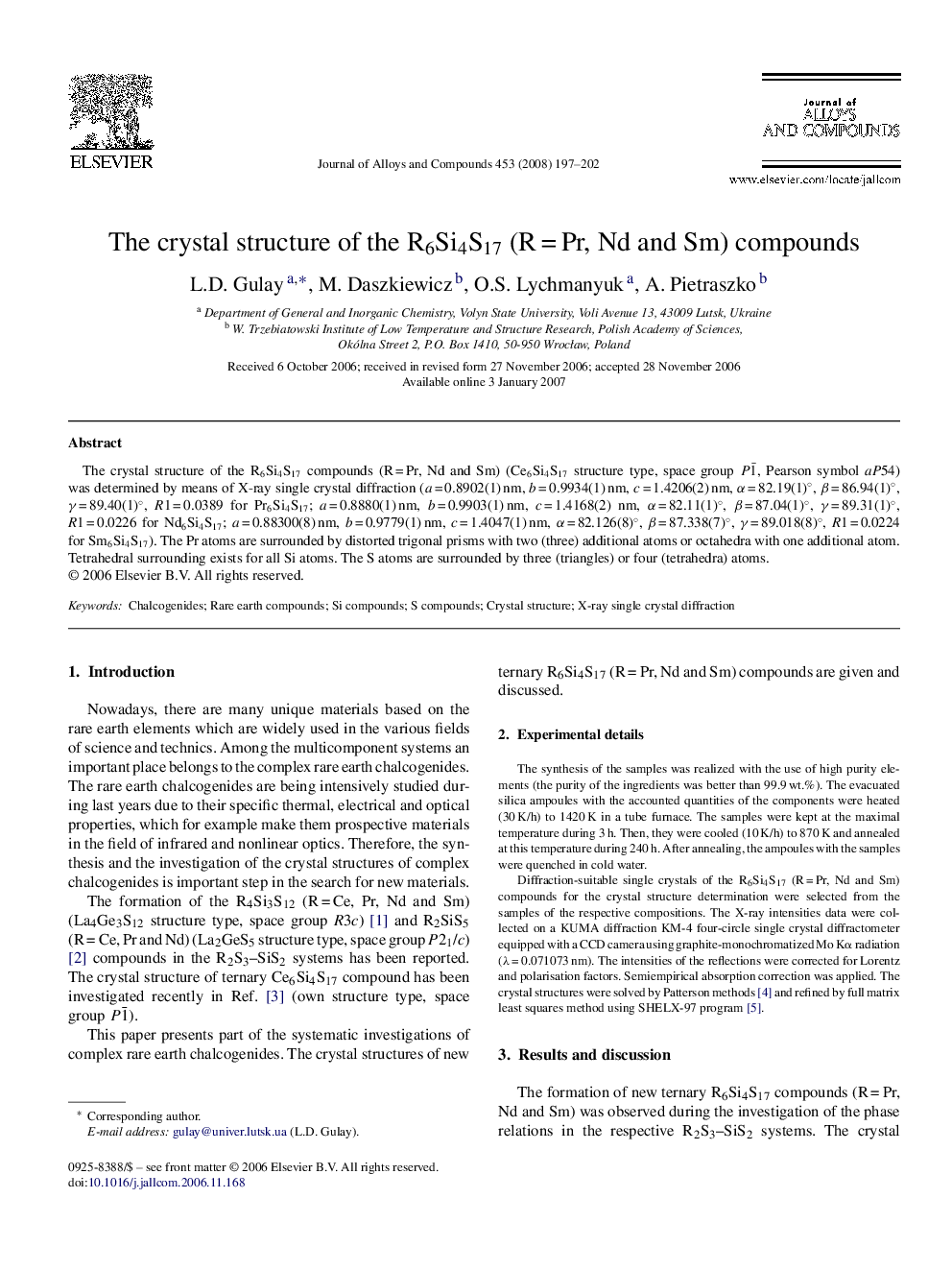 The crystal structure of the R6Si4S17 (R = Pr, Nd and Sm) compounds